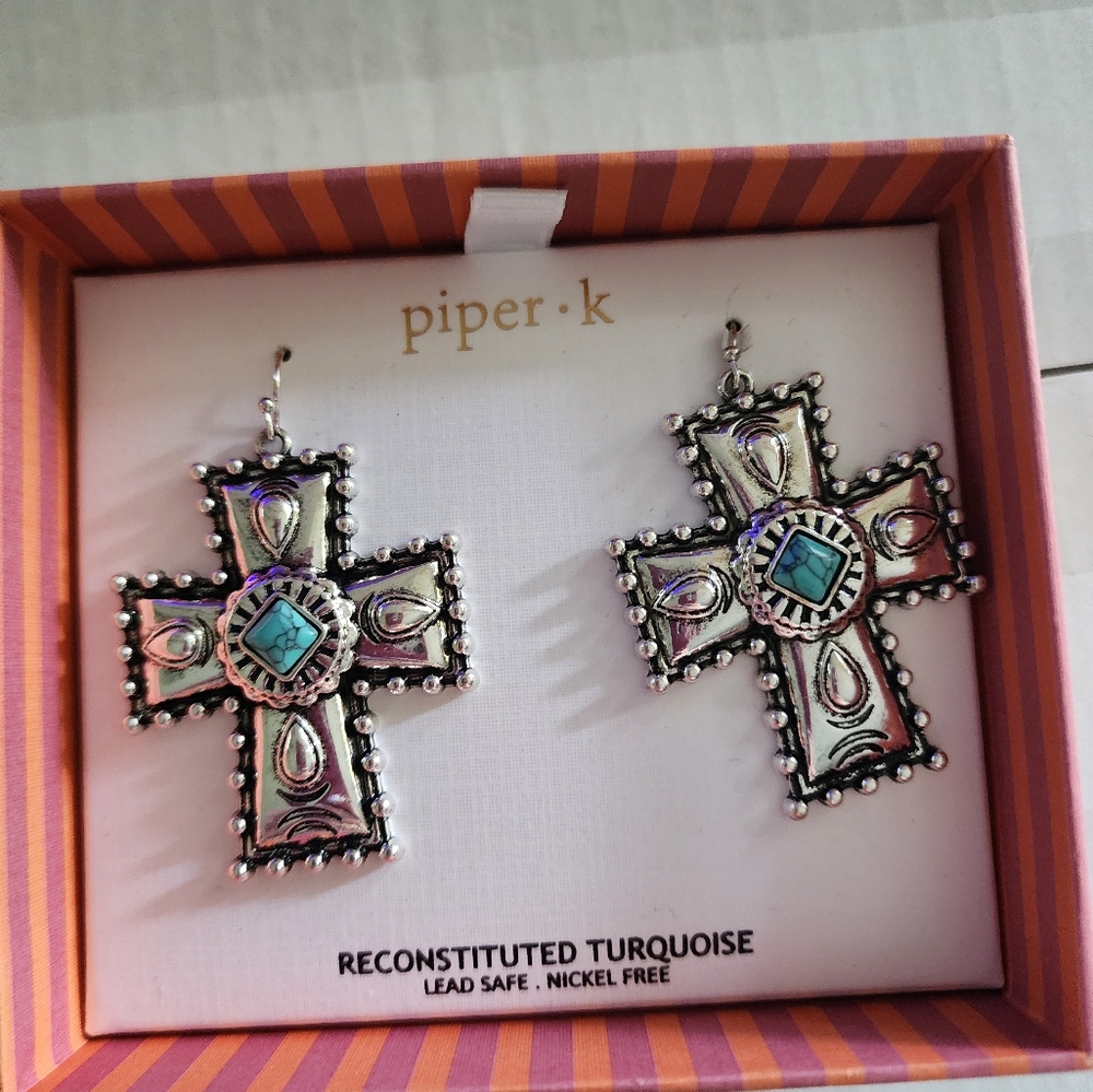 Piper K Silver and Turquoise Cross Earrings